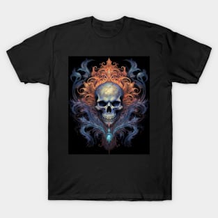 Skull on Blue Fire: Baroque Vintage Ornament Background T-Shirt